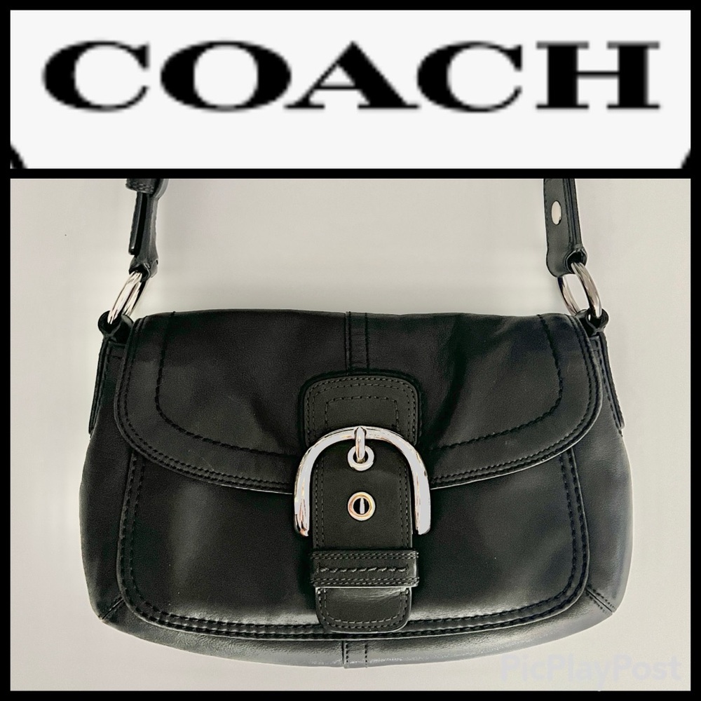 COACH Soho Vintage BLACK LEATHER FLAP SNAP BUCKLE SHOULDER BAG SILVER HARDWARE